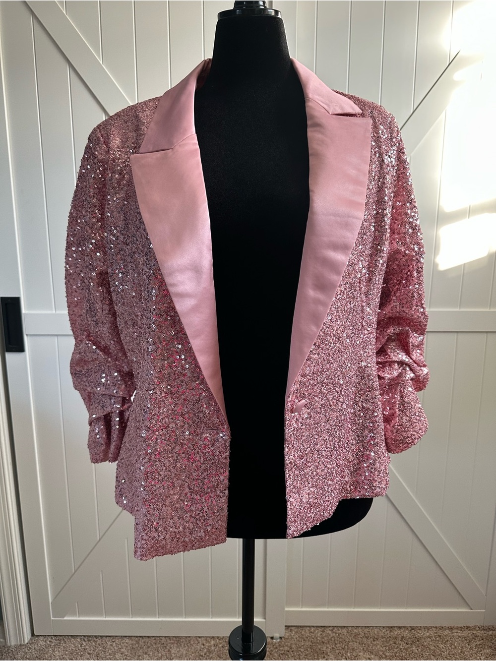 Boston Proper XL Pink Sequin Blazer Ruched Sleeve Party Jacket NWT - Picture 5 of 8
